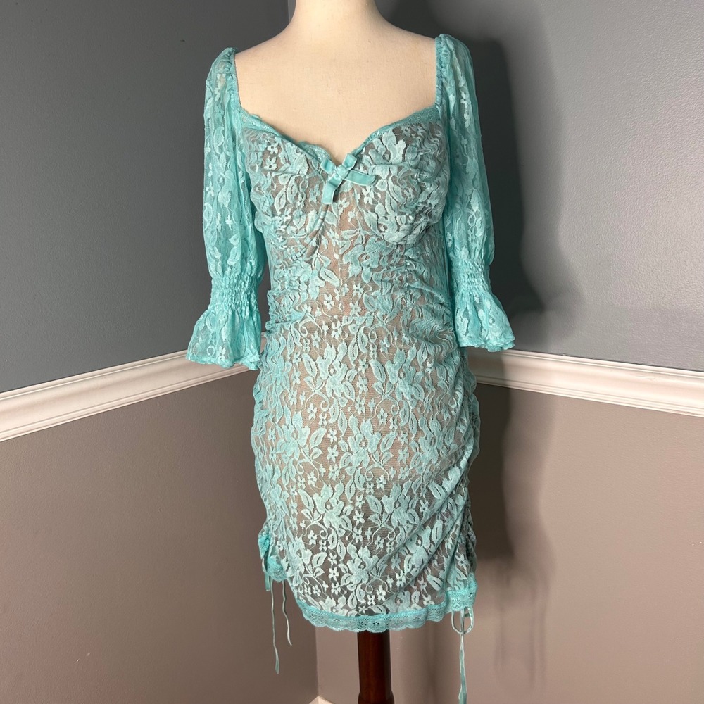 Delias X Dolls Kill Aqua Blue Floral Lace Ruched Mini‎ Dress Puff Sleeve  L